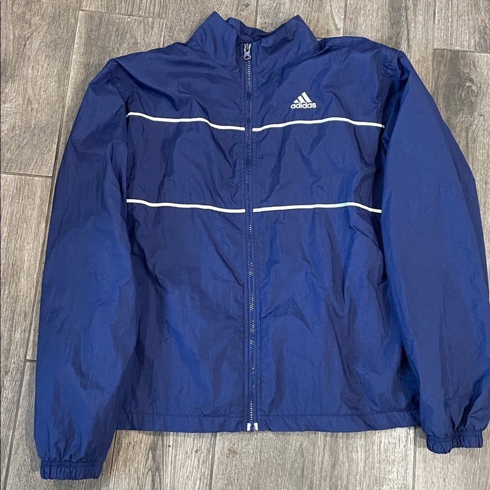 Adidas Navy Windbreaker with White Stripes